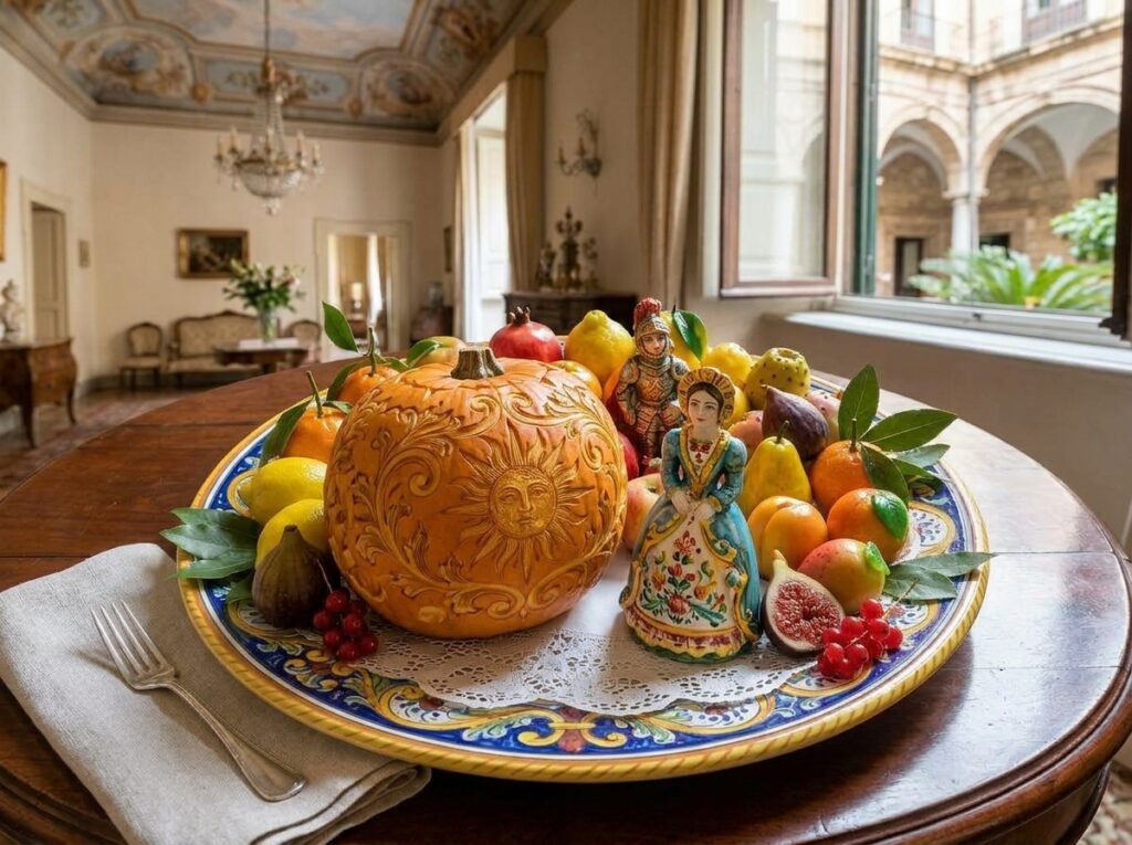 l'atmosfera della zucca di Halloween alla tradizione classica della pupa di zucchero, ambientata negli eleganti interni di un palazzo nobiliare palermitano